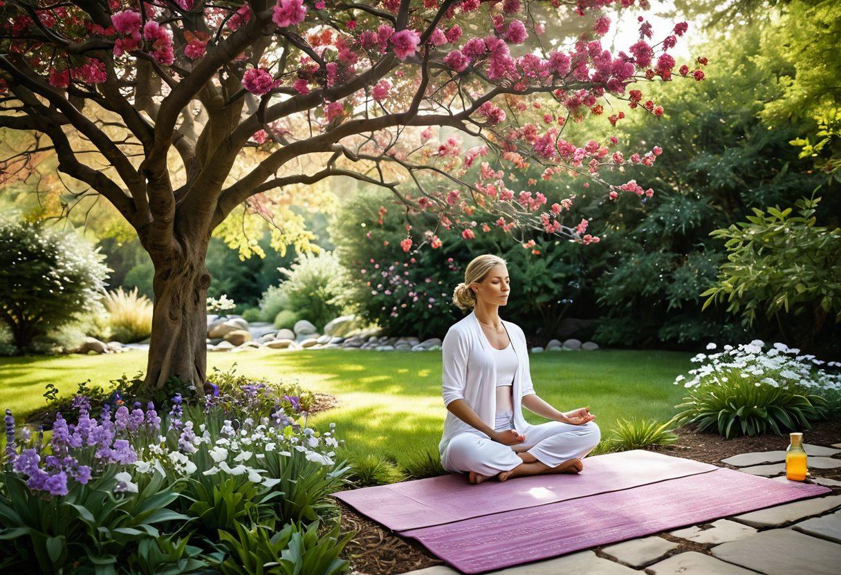A serene landscape showcasing a tranquil garden filled with vibrant flowers and gentle streams, symbolizing the harmony between mental wellness and cancer support. Include a figure meditating under a blooming tree, surrounded by soft light and calming colors that evoke peace and healing. Elements like yoga mats and essential oil diffusers can be integrated subtly in the scene. Focus on inclusivity and diversity in the figures present. painting. vibrant colors. soft light.