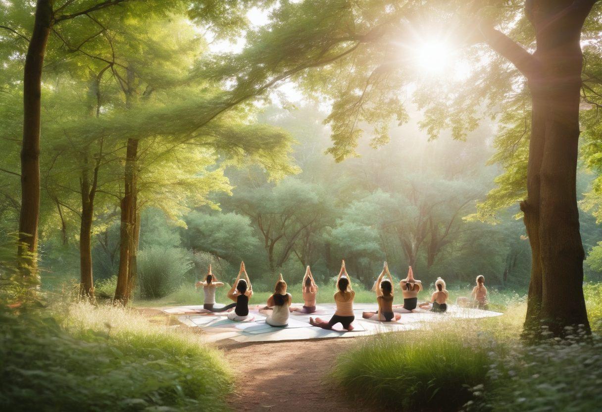 A serene landscape featuring a diverse group of individuals practicing yoga in an outdoor setting, surrounded by lush greenery and blooming flowers, symbolizing holistic wellness. Incorporate elements of natural beauty, such as organic skincare products and healthy food options displayed nearby. The scene should evoke a sense of calm, support, and empowerment, with uplifting sunlight filtering through the trees. pastel colors. soft focus.