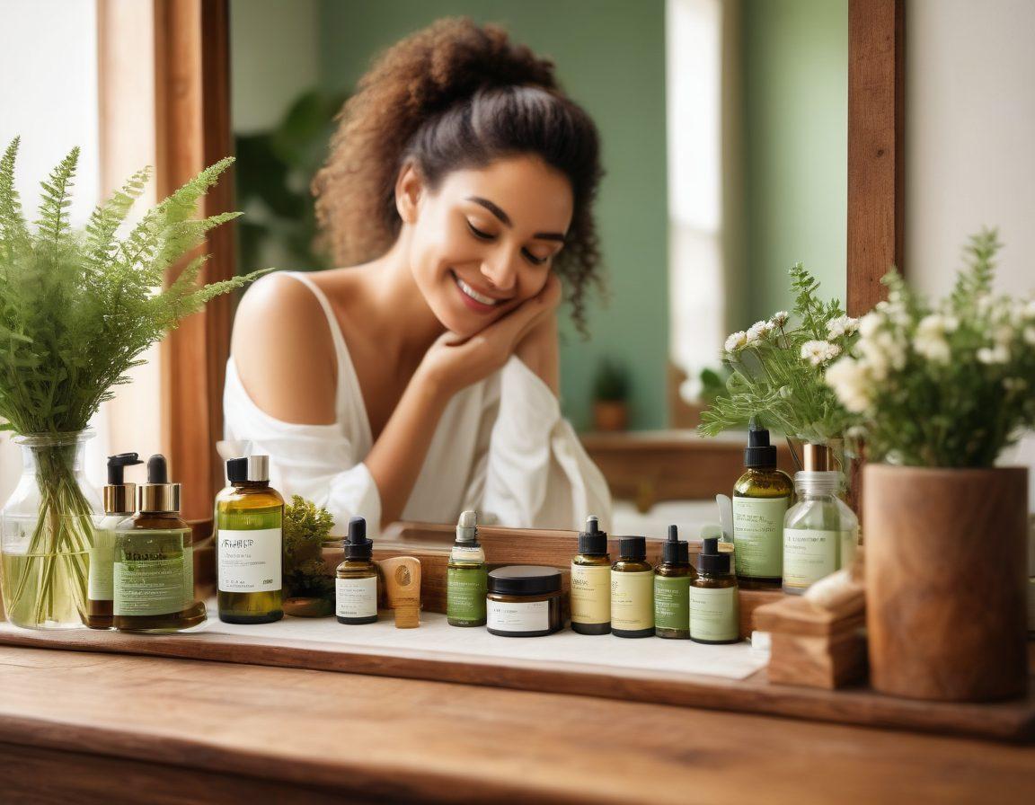 A serene scene featuring a diverse array of natural cosmetics like oils, creams, and flowers arranged artfully on a wooden vanity, reflecting the concept of self-love. Include a gentle, warm light illuminating the products, with a soft focus on a smiling woman looking into a mirror, representing confidence and beauty. Emphasize earthy tones and fresh elements like green leaves and botanical textures. super-realistic. vibrant colors. soft focus.